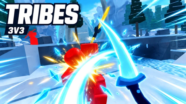 Official Tribes 3v3 promo still: snow arena, ice-blue katana, cyan shards and gold sparks